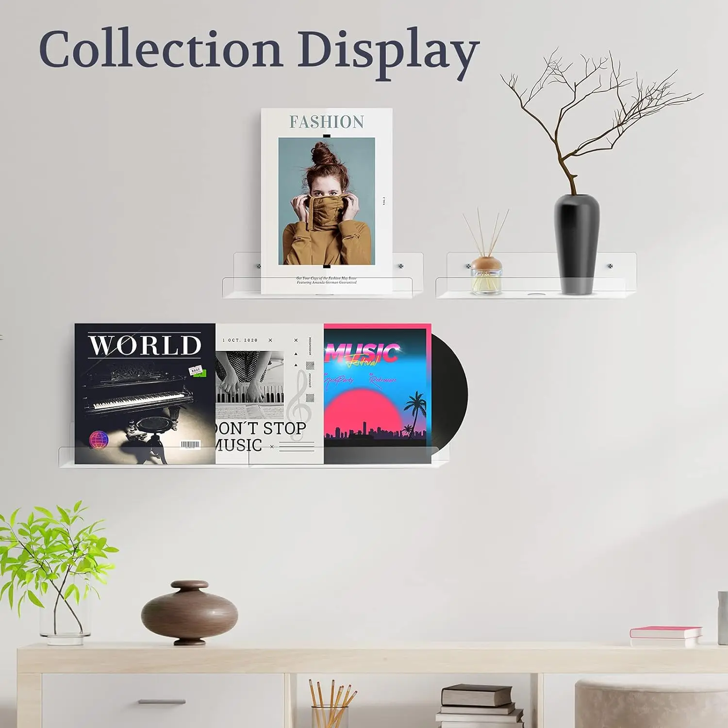 Clear Acrylic Floating Shelf 10', Invisible Wall Mounted Shelf with Cord Hole for Room Bathroom Office Display