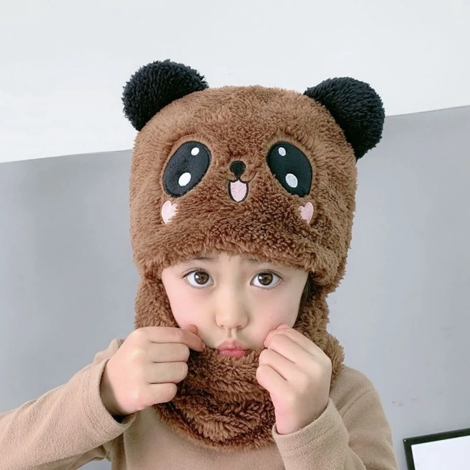 Panda Bib And Hat One-piece Thickened Warmth Cover Face And Ear Protection Knitting Wool Kids Cheap Baby Winter Hats