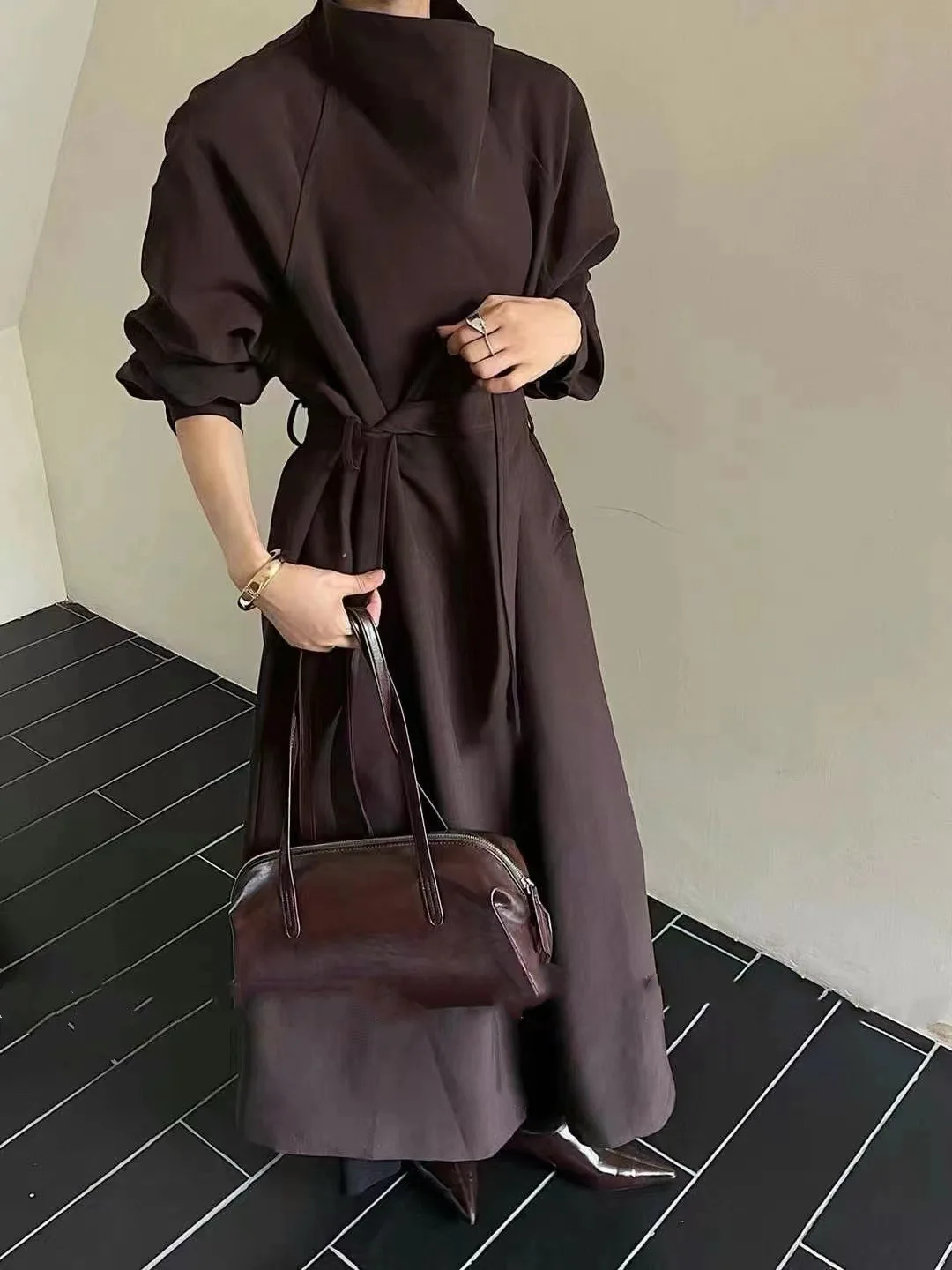 2024 Early autumn long trench coat women high-grade simple lace below-the-knee coat high-grade loose casual trench coat