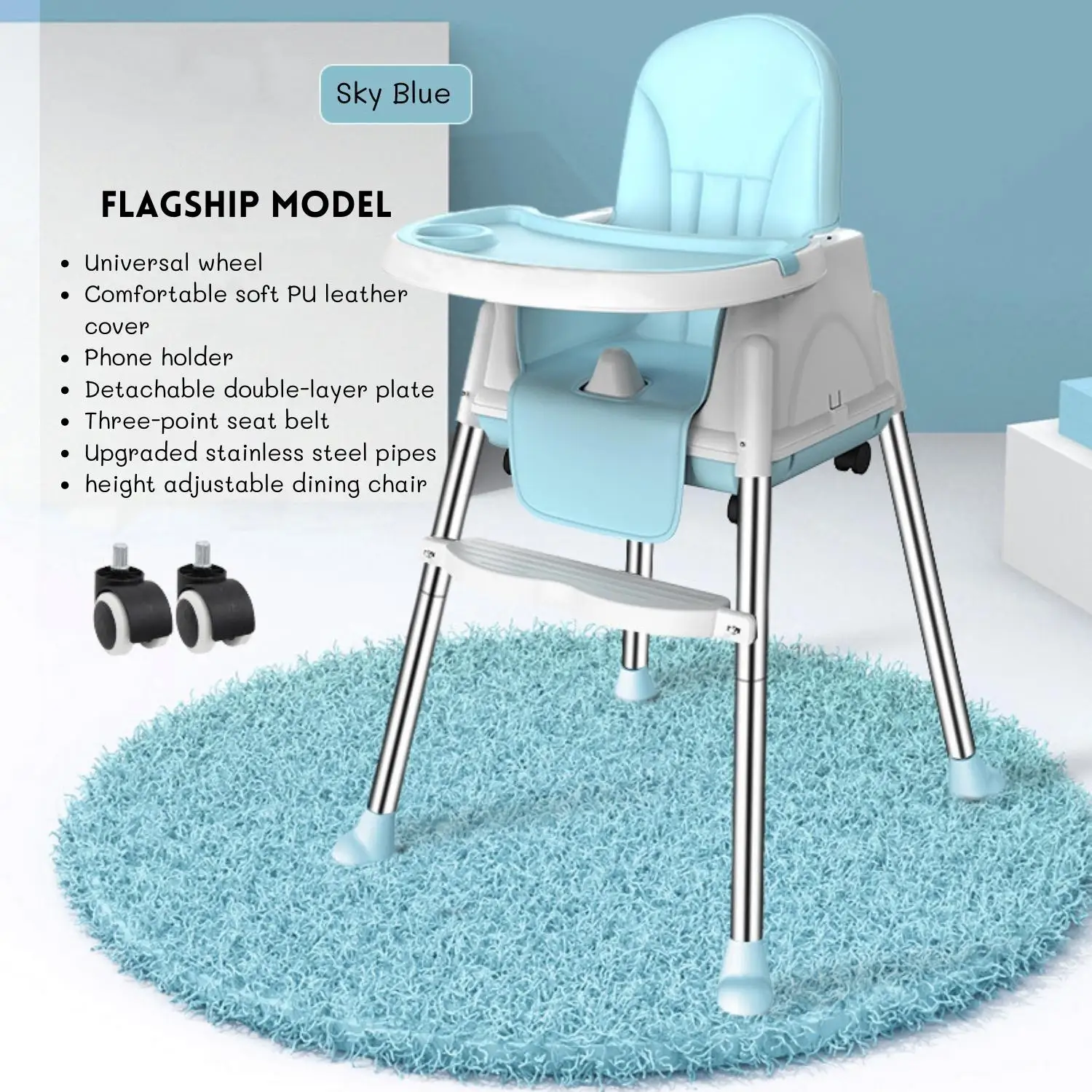 Baby  Dining Chair Soft Seat High Feeding Chair Upgrade With Wheel Portable Dining Table With Cushion Adjustable Child Feeding C