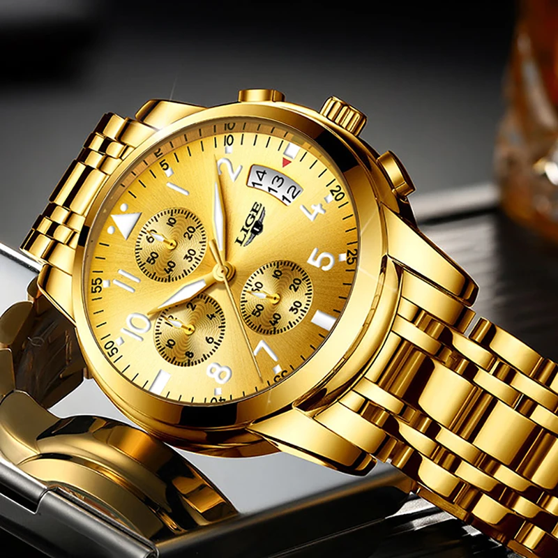 Часы наручные LIGE Мужские кварцевые, Брендовые спортивные полностью стальные водонепроницаемые золотистые