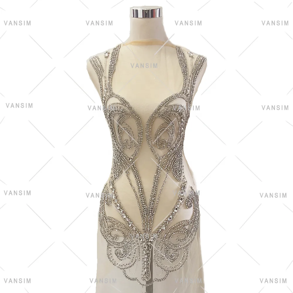 Fashion long body red color Handmade Beaded Crystal Rhinestone Bodice Dress Applique for Party evening dress