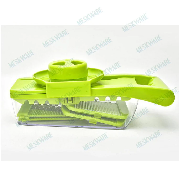 Interchangeable stainless steel blades adjustable mandolin pull chopper, vegetable slicer