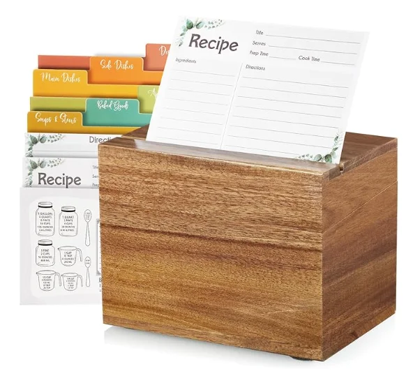 Recipe Card Box 50 Card Organizer 6 Dividers 4x6 Magnetic Wooden Recipe Holder Work Kitchen Countertop Index Card Box Packaging