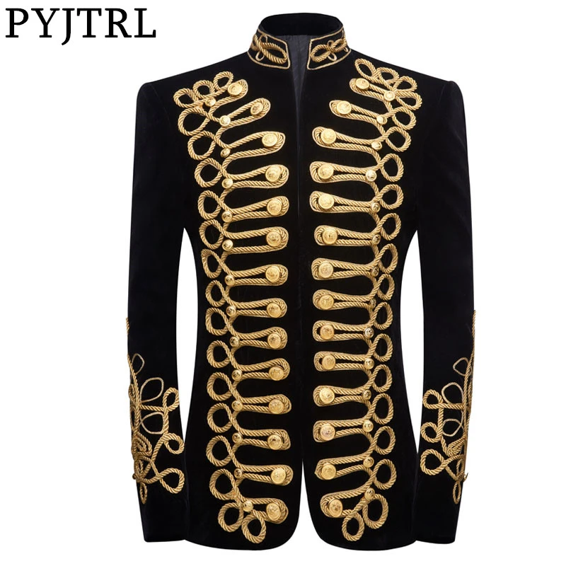 
PYJTRL Men Handmade Black Retro Blazer Gold Embroidery Velvet DJ Singers Nightclub Costume Stylish Suit Jacket Stage Wear 