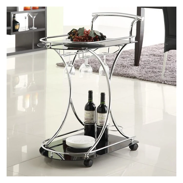Hot Sale Glass Top Gold Silver Metal Rolling Trolley Serving Bar Cart