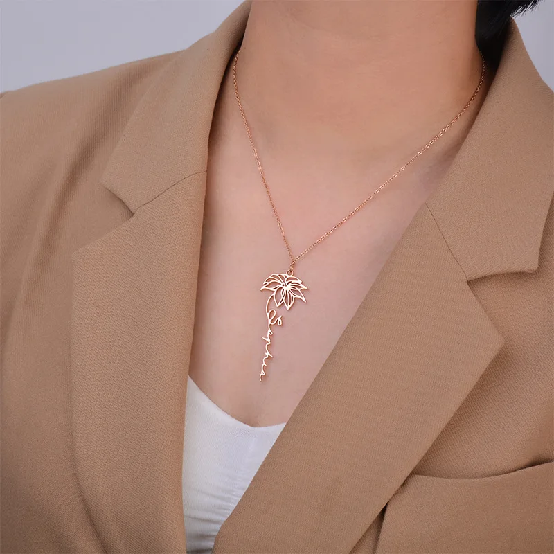 Customization 316L Stainless Steel Necklace 18K Gold Plated Name Necklace 12 Birth Flowers Necklace For Women
