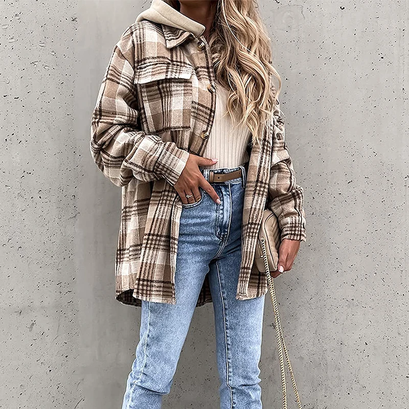 Women Long Sleeve Flannel Button Down Plaid Shacket Jacket Hooded Coat
