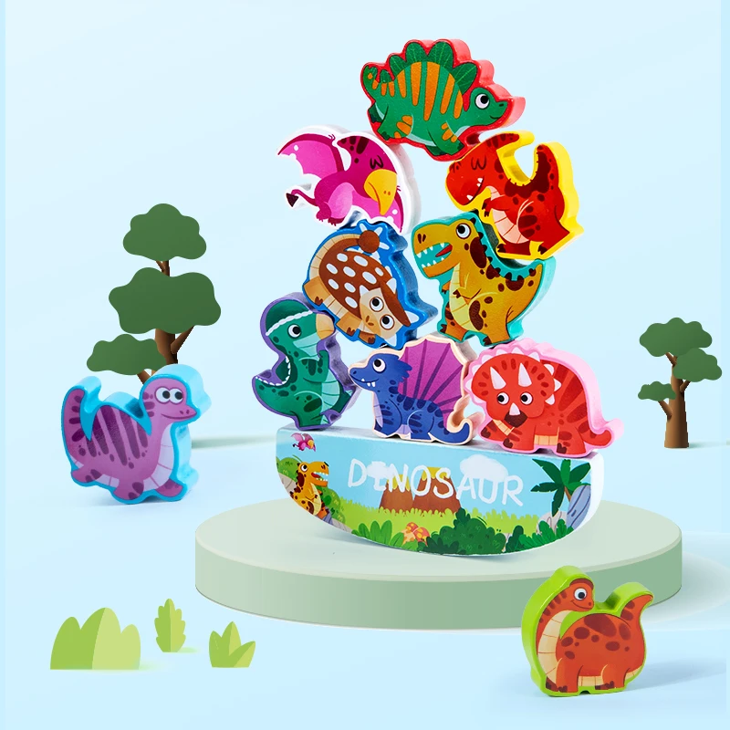 Best-selling wooden 3D Dinosaur balance block toys Montessori Six theme stack heights Building Block Sets For children kids CE