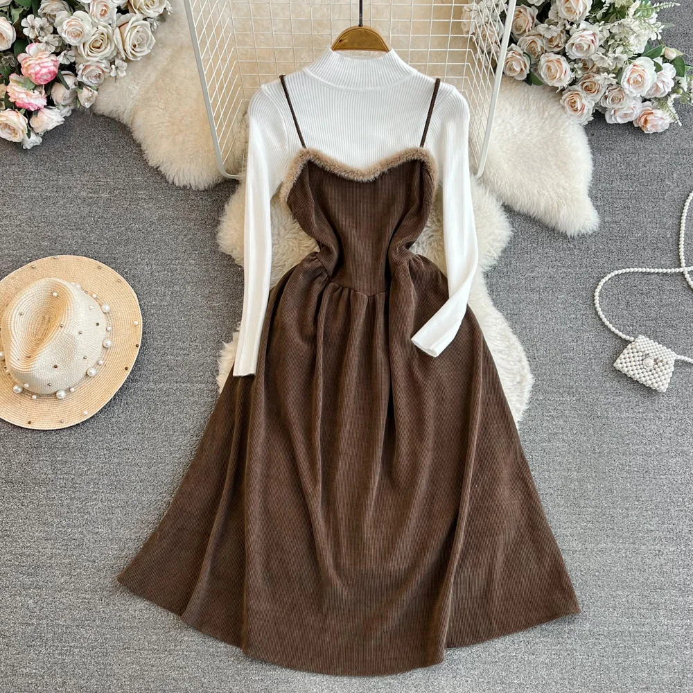 Customized imitation mink fur patchwork waist length A-line corduroy suspender dress with two-piece stand up collar knit top