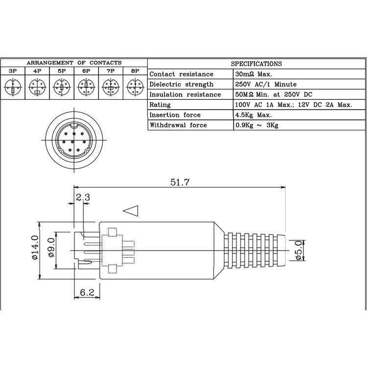 China Wholesale 3~8 Pin Mini DIN Plug Circular Male Connector