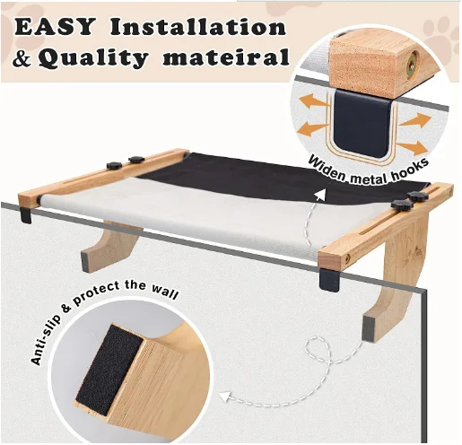 Cat Window Perch Sill Window Hammock Thicken Rubber Wood Metal Frame for Large Cat Easy to Adjust Assemble Cat Bed Seat