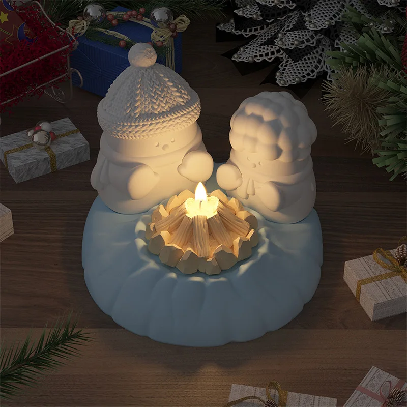 DIY Plaster Decorative Cartoon Snow Molds Sitting Around the Fire Winter Baking Kneading Toy Aromatherapy Candle Silicone Mold