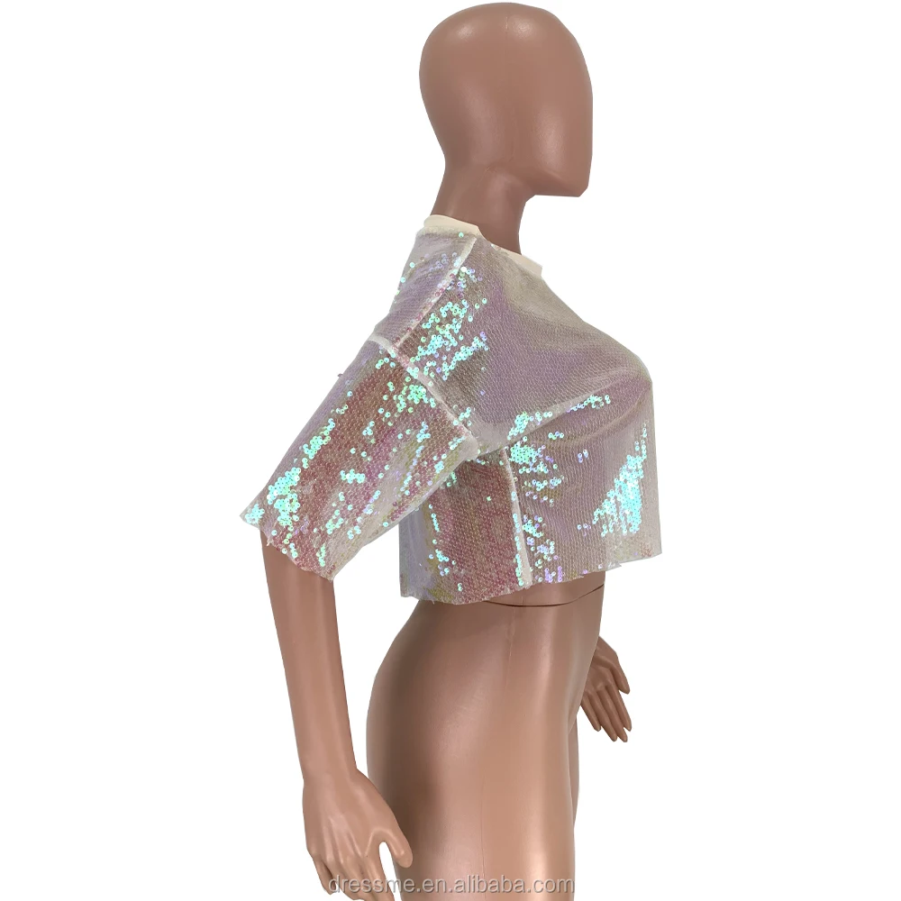 MD8281 женские футболки с блестками 2019 Новая Европейская и американская Женская куртка с блестками Сексуальная футболка с коротким рукавом для ночного клуба