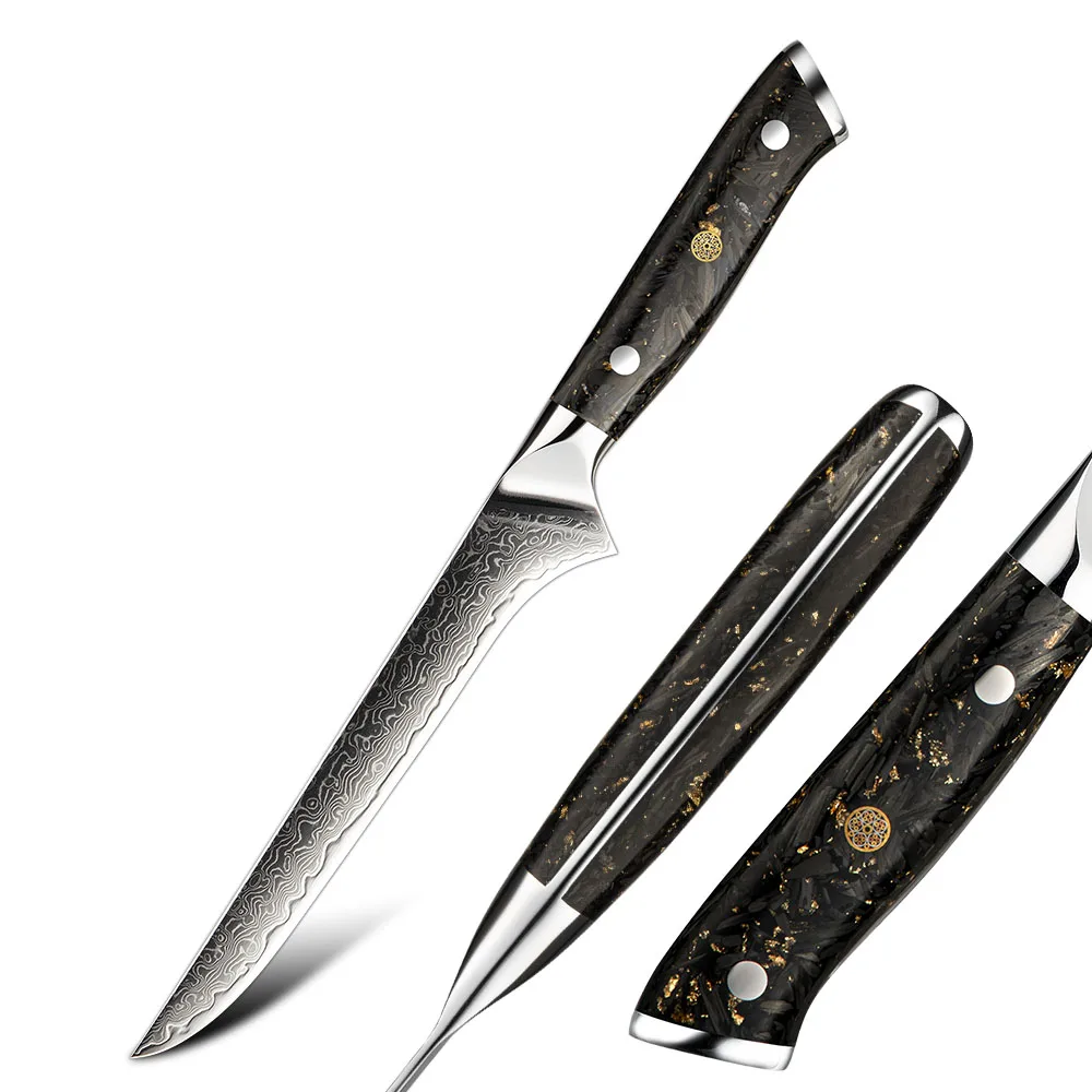 Amber Knife 67 Layers Damascus Steel Fillet Boning Knife with Carbon Fiber And Gold-foil Handle Knife