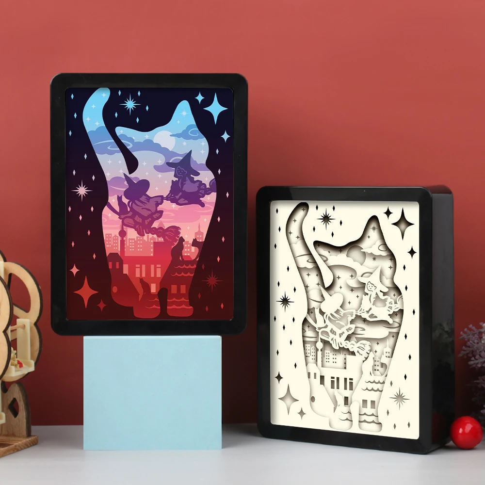 Halloween 2023 Cute Cat and Witch Shadow Box Frames Kids Night Light Custom Picture Frame 3D LED Lamp For Kids Room Decor