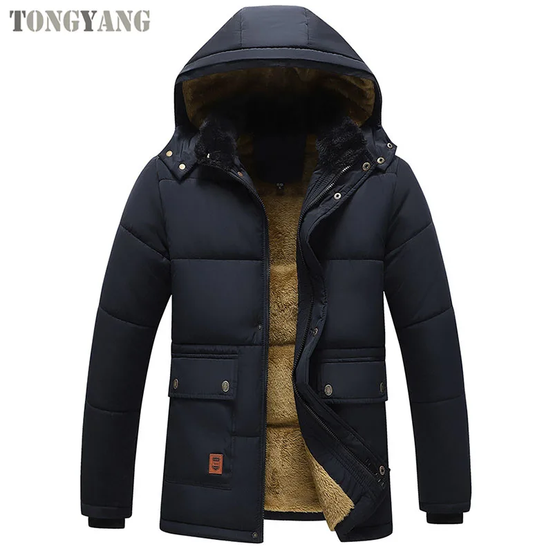 TONGYANG New Men Winter Parka Fleece Lined Thick Warm Hooded Fur Collar Coat Male Size 5XL Plush Jacket Autumn Work Outwearing