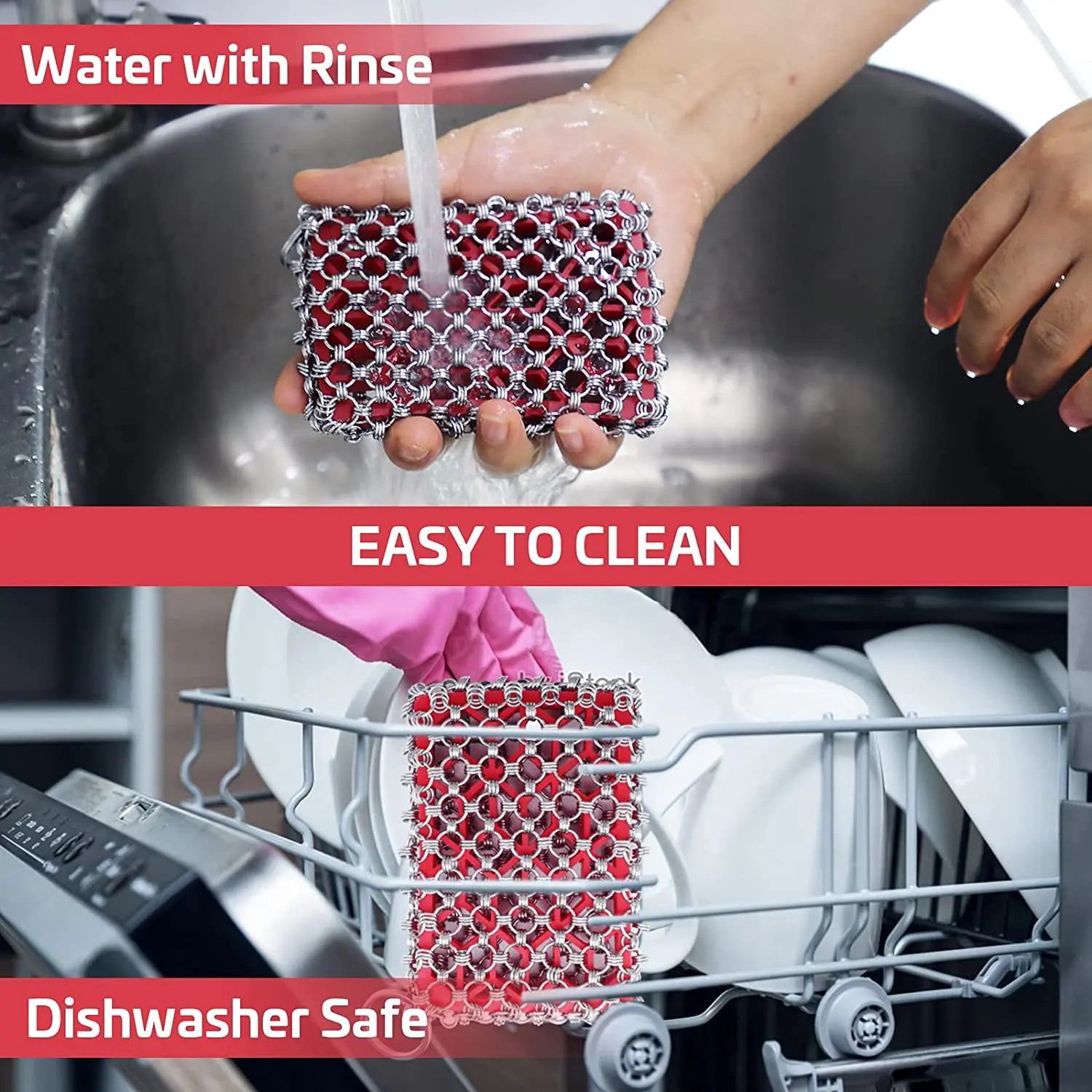 Stainless Steel Kitchen Tool Cleaning Cast Iron with Chain Mail Scrubber With Hollow Silicone Rubber Pad
