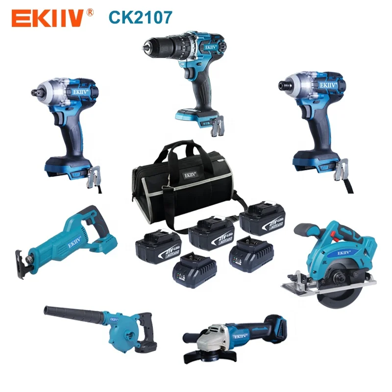 EKIIV stock 6 In 1 Cordless Impact Drill Sander Reciprocating Saw 4 Inch Chainsaw Impact Driver Power Tool Sets For Garden