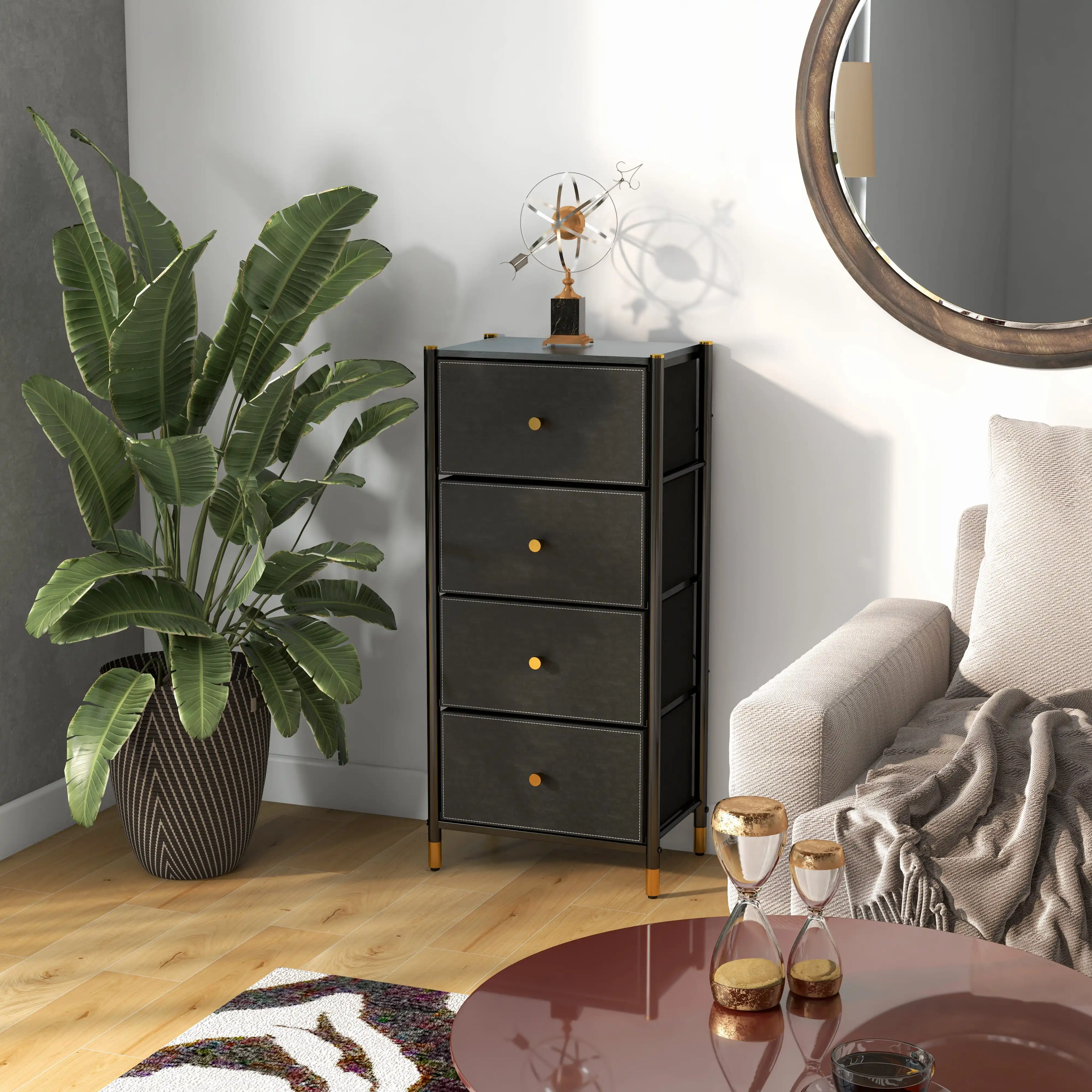 China Direct Factory Black Chest Of Drawers Sturdy Steel Frame Living Room Metal Fabric Storage Cabinet