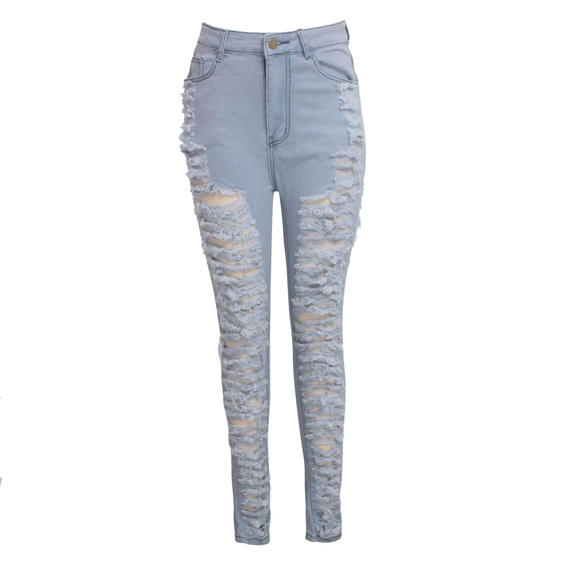 
plus size light blue women sexy ripped destroyed denim jeans 