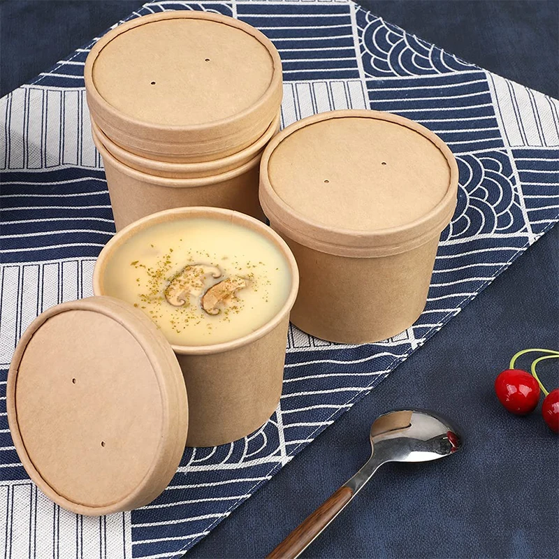 Food Containers Soup Cup Bowls Party Supplies Treat Bowls for Hot/Cold Food, Soup Kraft bowls with PP Paper  lids