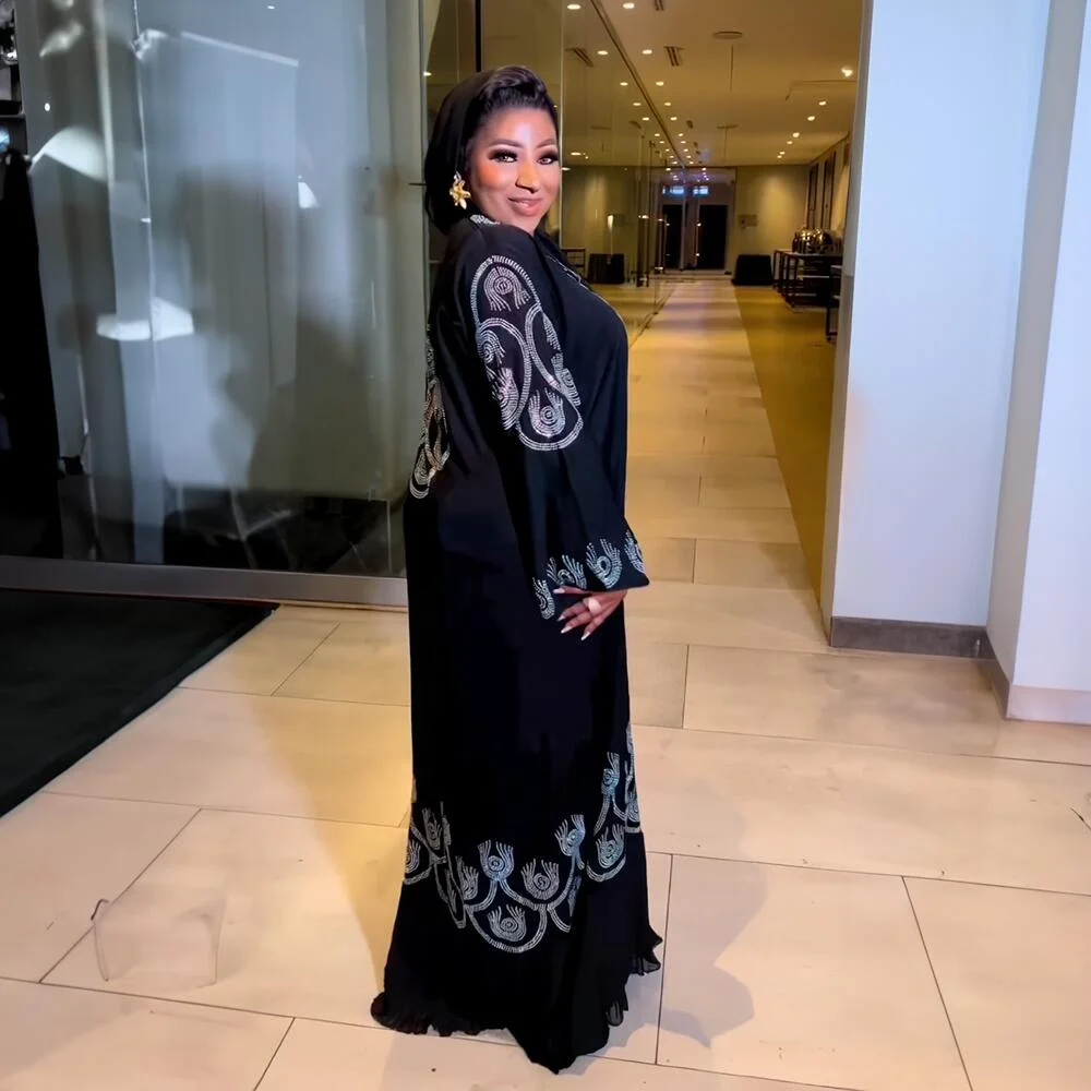 Recommend african dresses Linen Abaya Luxury rhinestones Black Abaya V-neck with long sleeves Abaya Dress