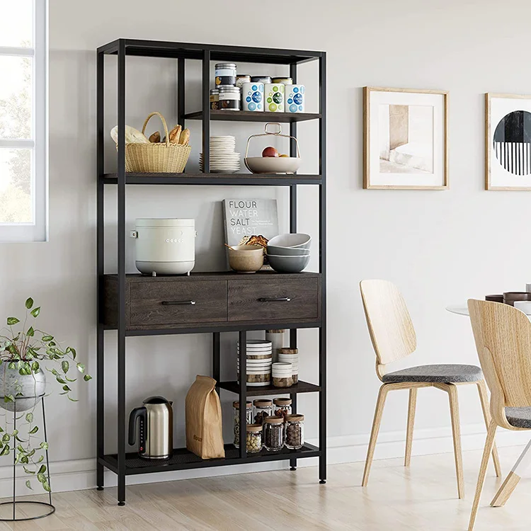Vekin Furniture Tall Bookshelf Industrial Bookcase Wooden and Metal Frame Storage Shelves Bookrack with Drawers