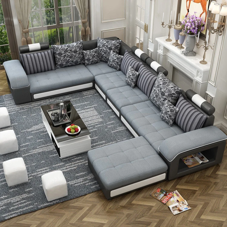 Designer U Shape Latex Linen Corner Solid Wood Cum Bed Sofas Sectionals Living Room Sofa