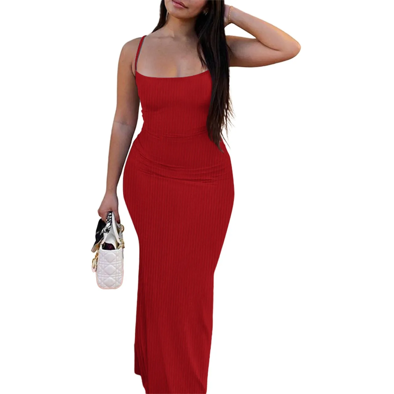 Women Clothing Casual Dresses Trendy Solid Spaghetti Knitted Dress Bodycon Maxi Long Ribbed Dress For Women