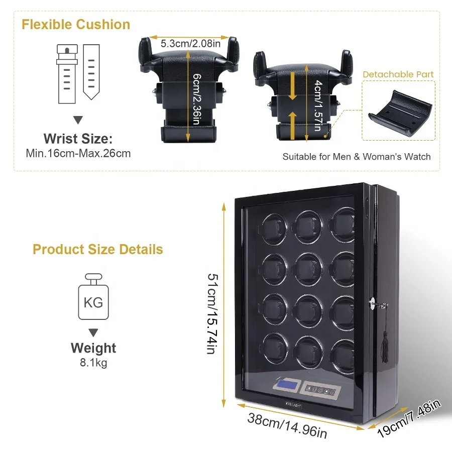 Custom Remote LCD Touch Screen Luxury Wooden 12 Slots Watch Display Cabinet LED Watch Winder Case Automatic Box Watch Winder 8+