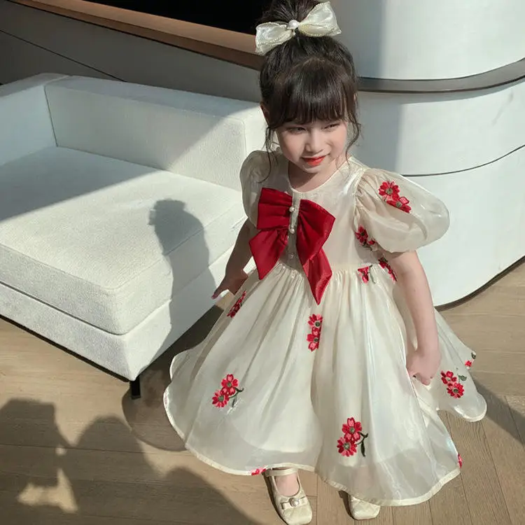children clothes red bow puff short sleeves girls floral embroidered flowers sweet princess girls dress for summer