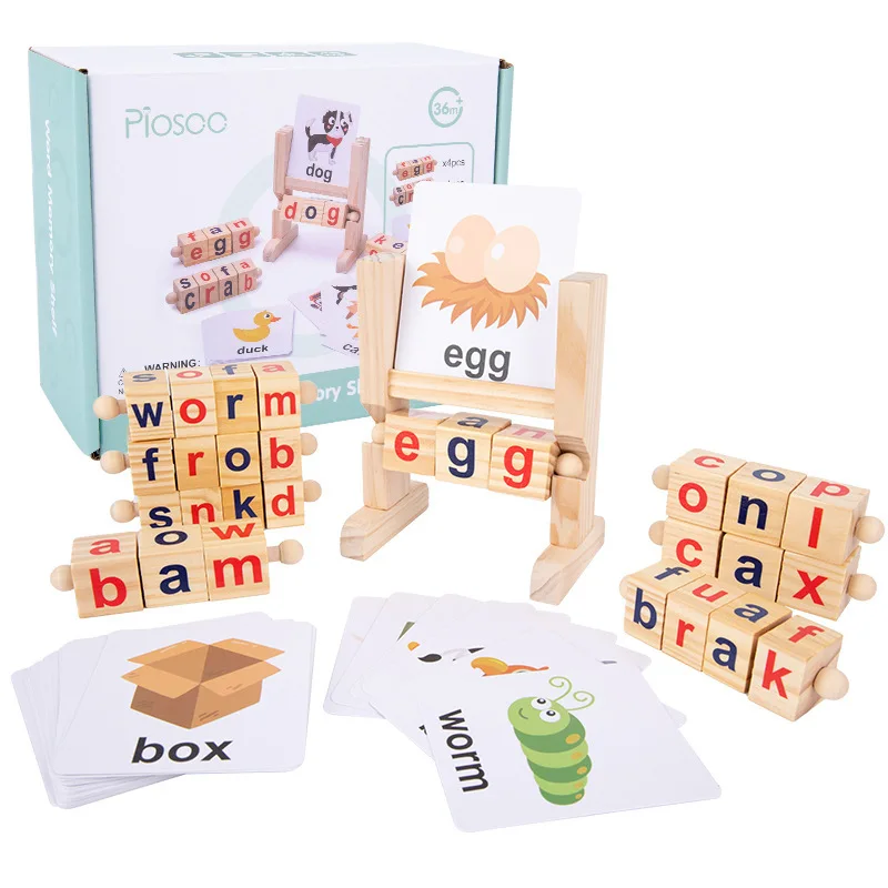 Kids Wooden Reading Alphabet Building Block Game Puzzle Children English Spelling Game Learning Card Montessori Rotating Letter