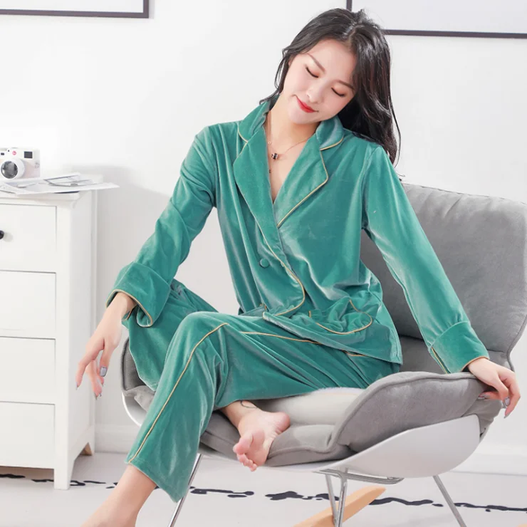Velvet Pajamas Women Suit Long-sleeved Two-piece Plus Size Pajamas Sleepwear for Women Women Sexy Nightwear Robe Sets Plain Dyed