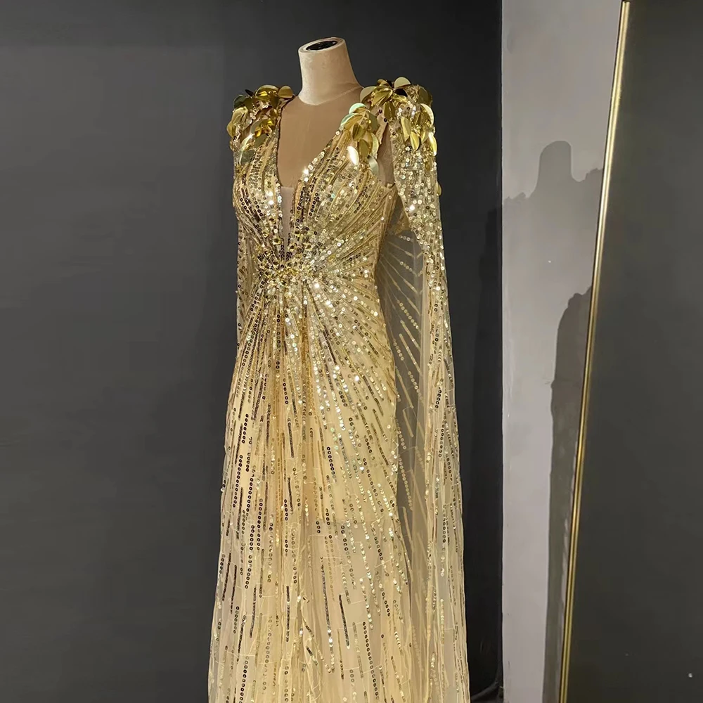 Luxury Gold Dubai Evening Dresses with Cape Sparkly Beaded Elegant Long Formal Party Dress for Women Wedding SCZ036-1