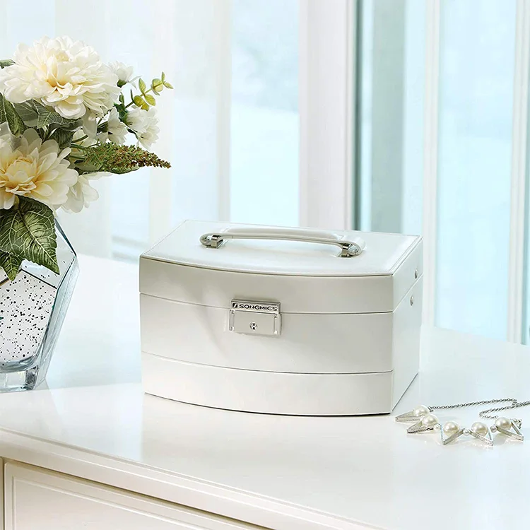 Luxury leather white three drawers jewelry box with mirror hinge and lock desktop velvet travel jewelry packaging box