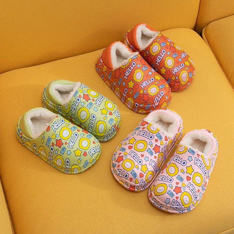 
New Winter Fuzzy Children Shoes printing Indoor Warm With Non-slip Soft Soles Plush Kids Slippers Baby Shoes 
