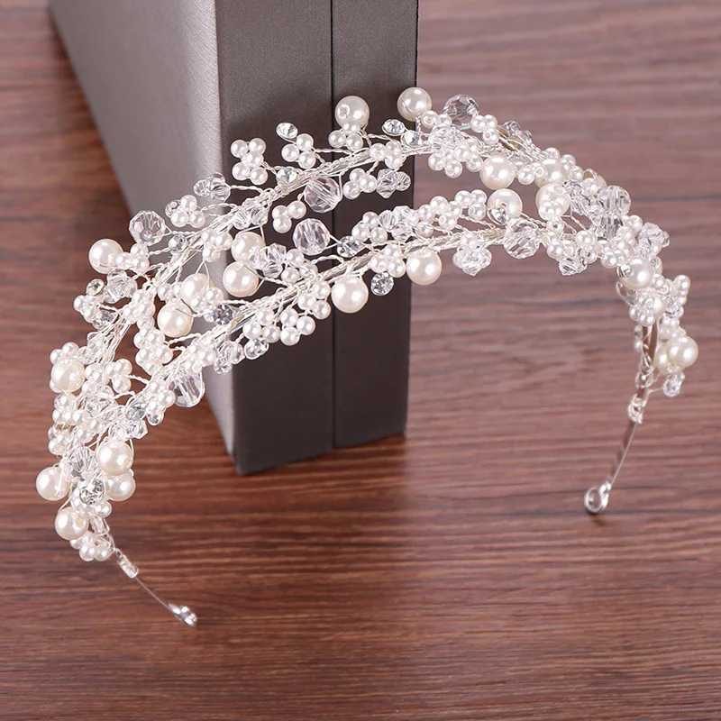 Factory Customized High Quality Pearl Princess Tiara Wedding Crystal Headband Bridal Hair Jewelry