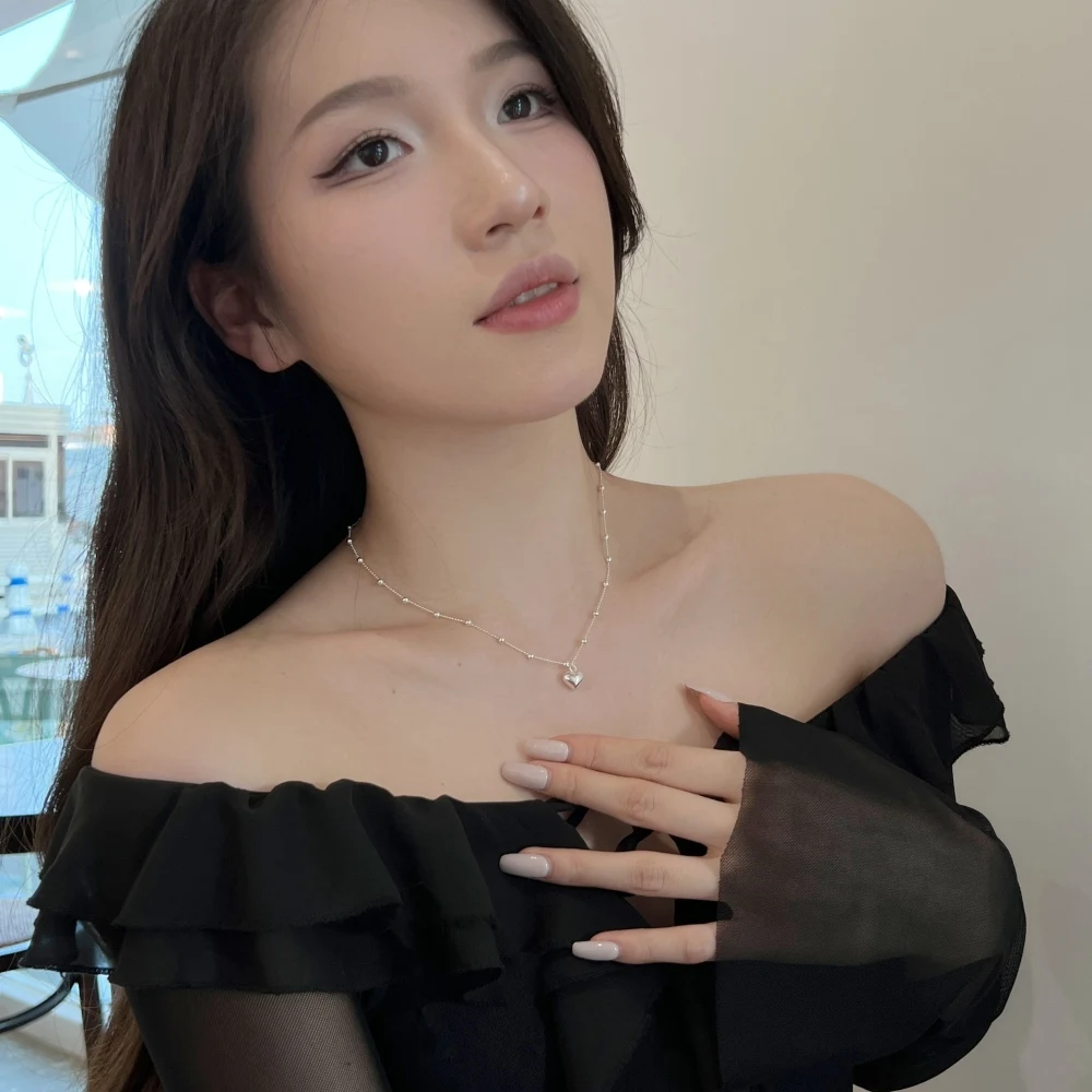 Dylam Simplicity Statement Design 925 Sterling Silver Rhodium Plated Beaded Chain Metal Heart Shape Pendant Jewelry Necklace