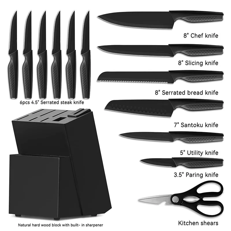 High Carbon Stainless Steel Kitchen Knife Set 15 Pieces Kitchen Knife Block Set With Wooden Block 6 Steak Knives Cutlery
