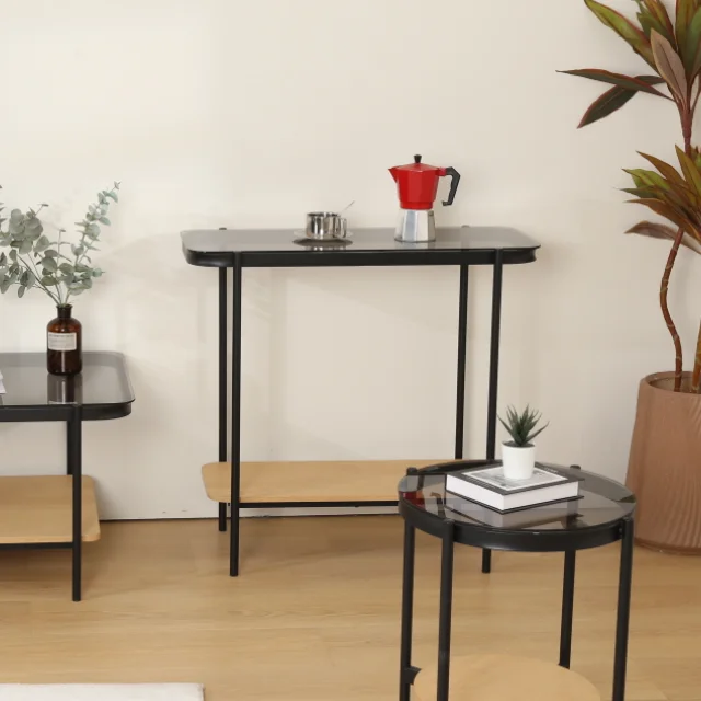 Cheap Wholesale Black Metal Wood With Glass Top Console Table Living Furniture