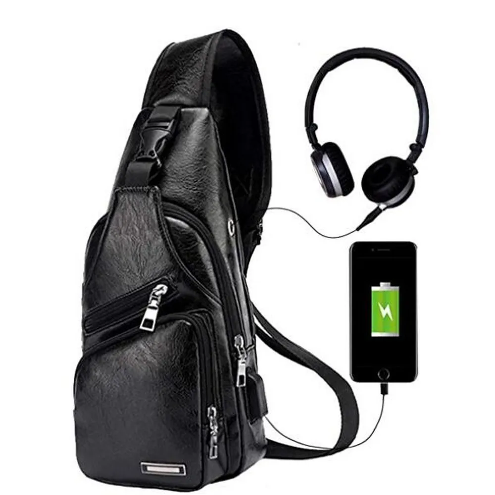 Mens Pu Leather Chest Bag Travel Intelligent Charge Sling Backpack Casual Carrying Usb Charger Crossbody Messenger Shoulder Bag