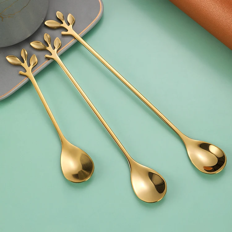 Modern Stainless Steel Leaf Shape Coffee Mixing Spoon Flatware Spoons Long Handle Tea Spoons