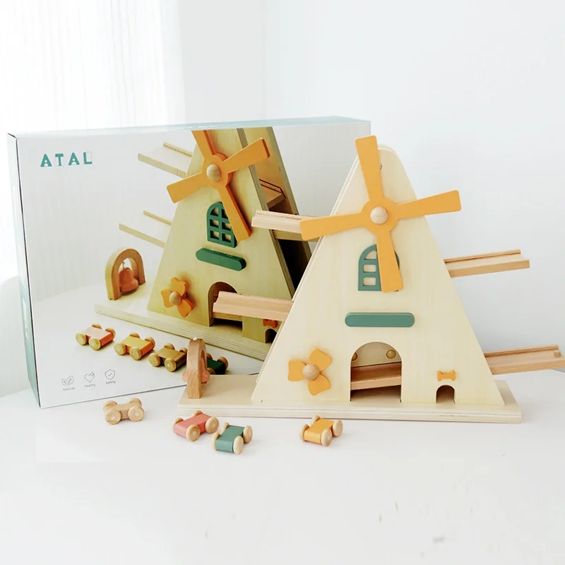 Unisex Scandinavian Style Wooden Windmill Gliding Track Kids Yo-Yo Car Toy Hand-Eye Coordination Visual Tracking Packaged Bag