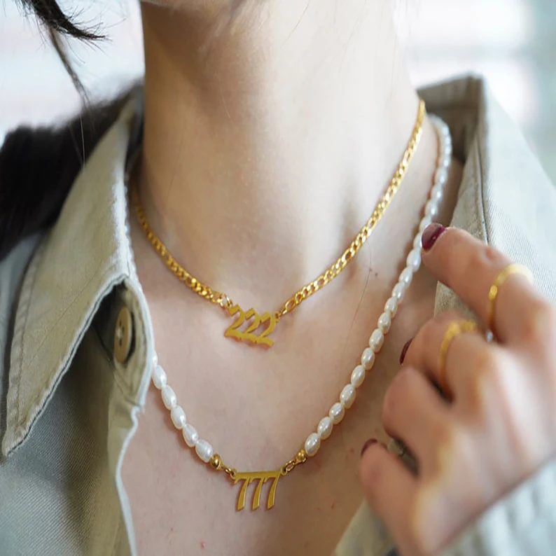 Angel Lucky Numbers Pearl Pvd Necklace 18k Gold Filled Plated Angel Number Necklace