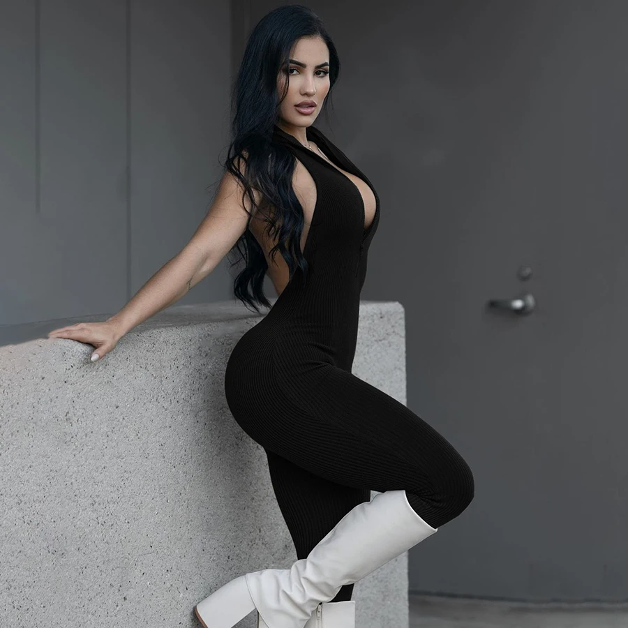 40867 Hot Sale Jumpsuit Workout Sleeveless V-Part Solid Color Backless Jumpsuits Women