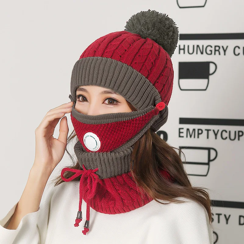 Wholesale woolen knitted hat for women, fashionable and warm in autumn and winter, versatile plus fleece hat and scarf set