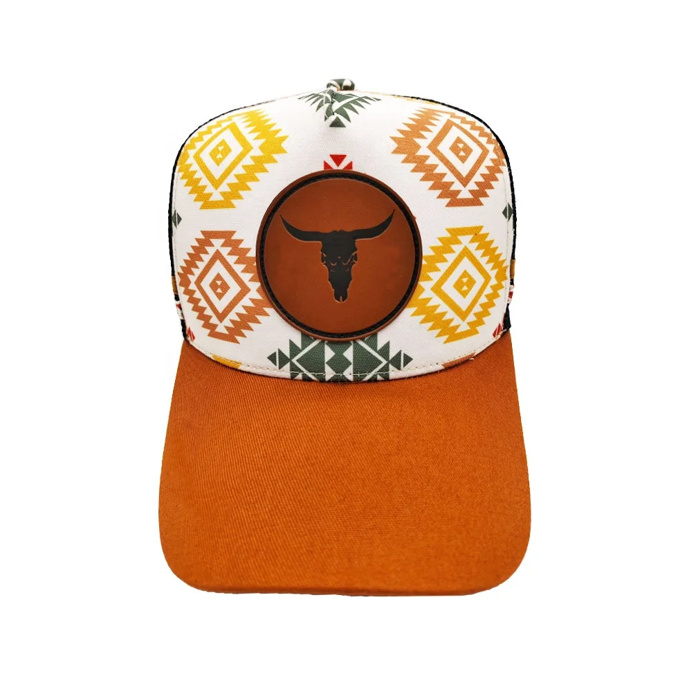 Popular various styles Custom made 5 Panel High Profile Trucker Hat With Leather Patch Logo Double Stripes trucker hats Caps