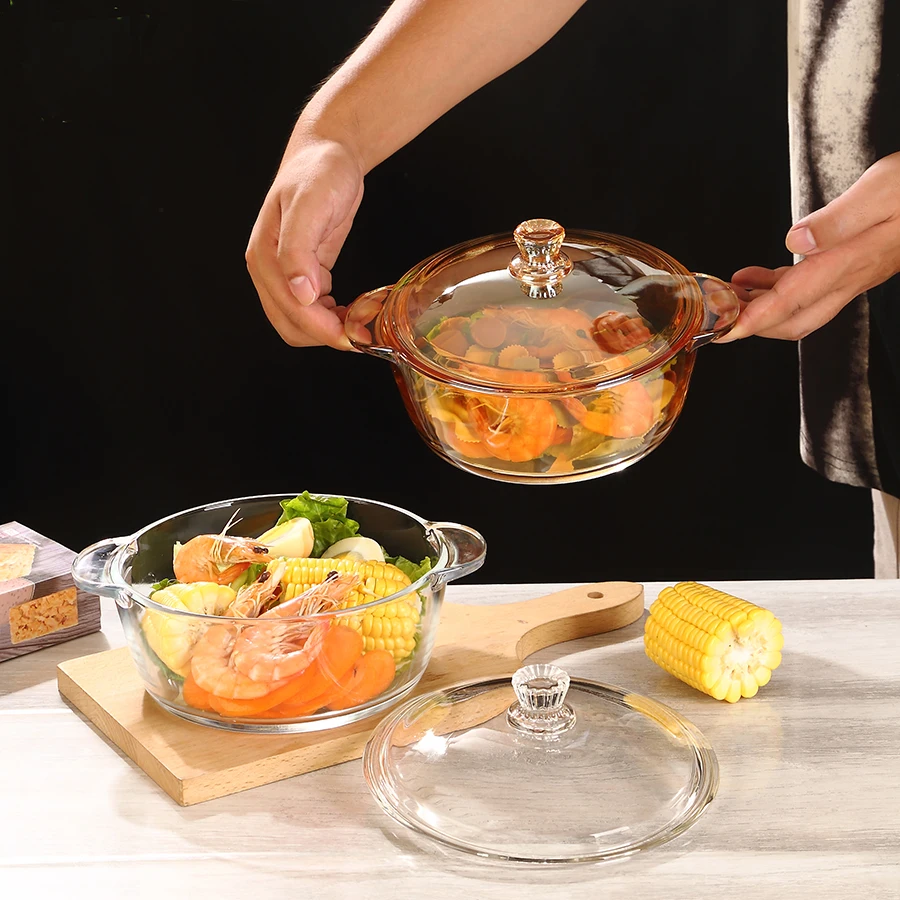 Manufacture high quality clear tableware stock glass bowl soup glass pot food salad serving bowl  with lid