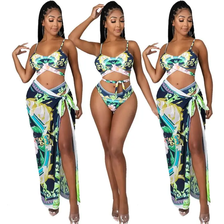 Women 3 PCS Swim Suits Sets Wholesale Ladies Summer Maillots De Bain Et Cache Beach Long Sarong Cover up and Bathing